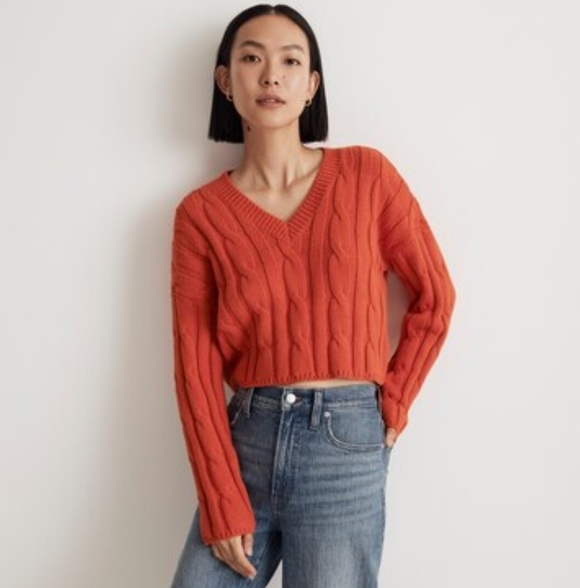 Madewell Sweaters - Madewell Women's V-Neck Cable Knit Sweater - Orange Size M